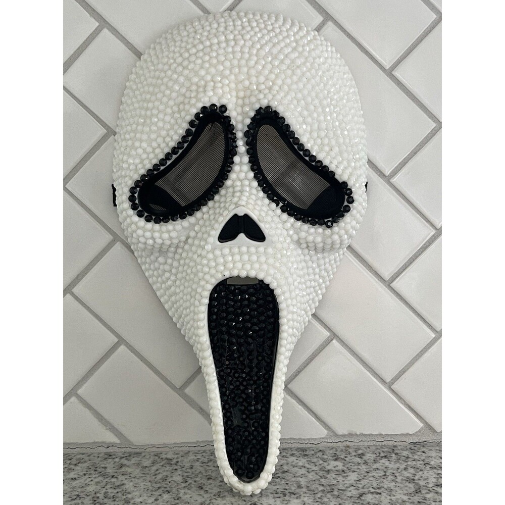 Ghostface Style Halloween Mask White Beaded Rhinestone Sequin Scream Costume